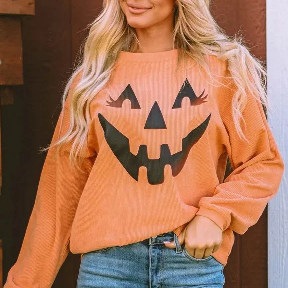 Orange Pumpkin Smile Face Graphic Sweatshirt - Picture 5 of 9